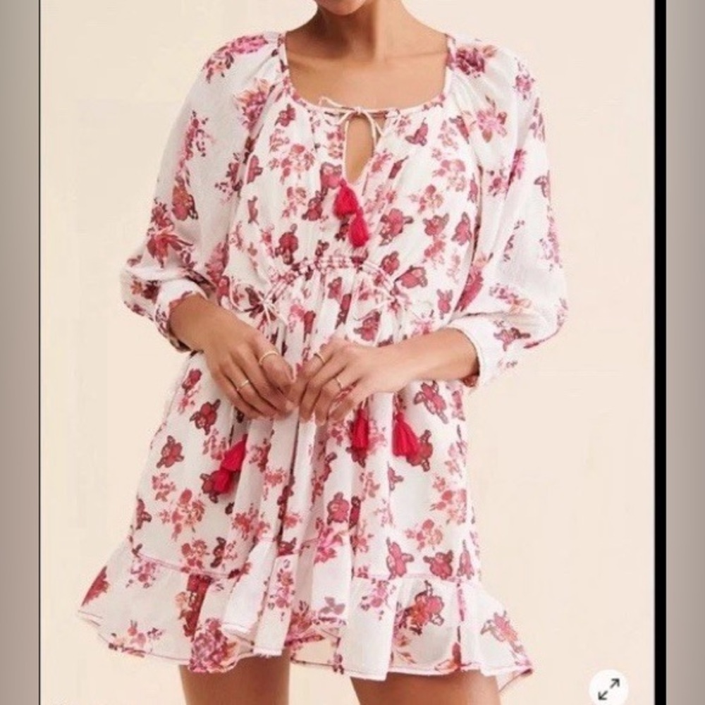 Free People S Small Camella Dress Floral Red Tassel Peasant Mini Boho Cotton